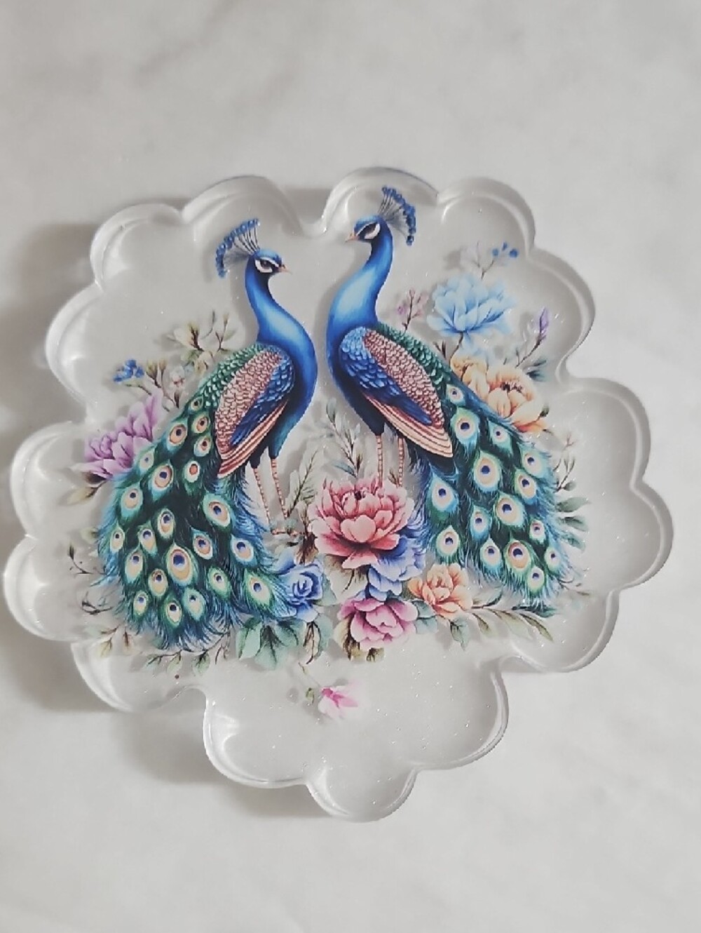 Hand Crafted Blue Peacock Floral Glass Coasters - Set of 4 - Picture 6 of 6